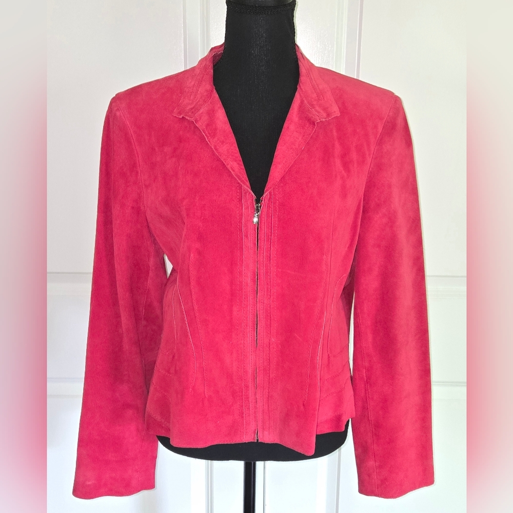 JONES NEW YORK Leather Fuscia Pink Moto Jacket Zip Up Sz Lg